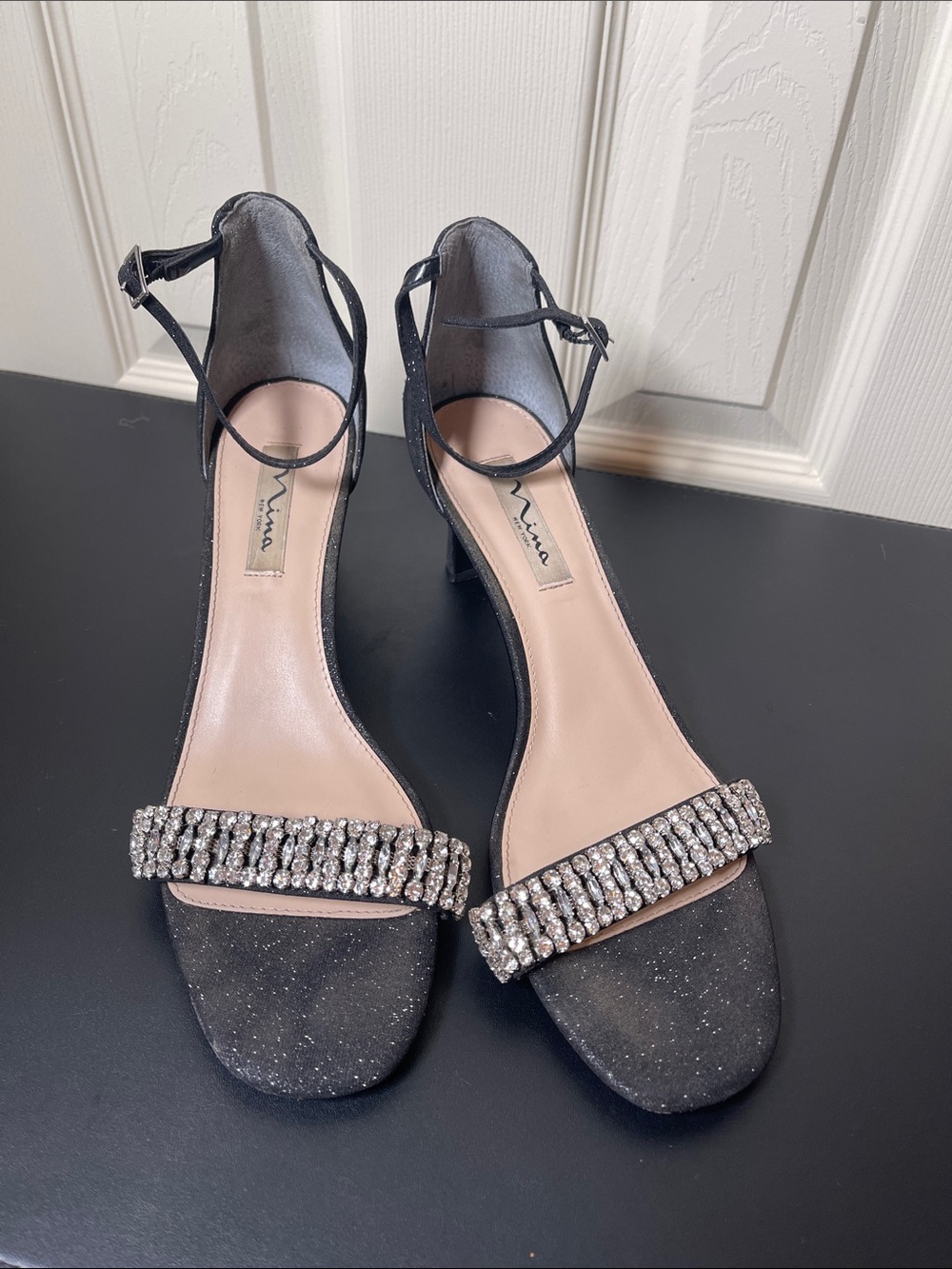 Nina Black Crystal-Strap Ankle-Heel Sandals